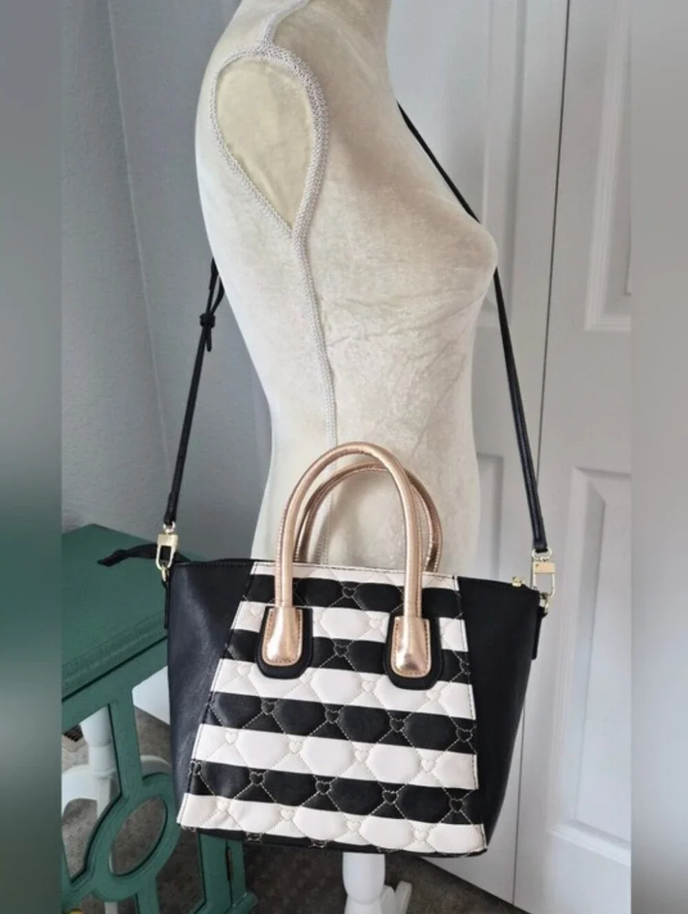 Luv Betsey Betsey Johnson Black White Striped Heart Quilted Satchel Crossbody